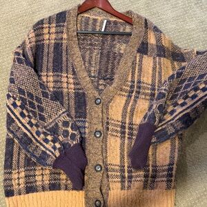Free People Plaid Cardigan in Brown and Blue